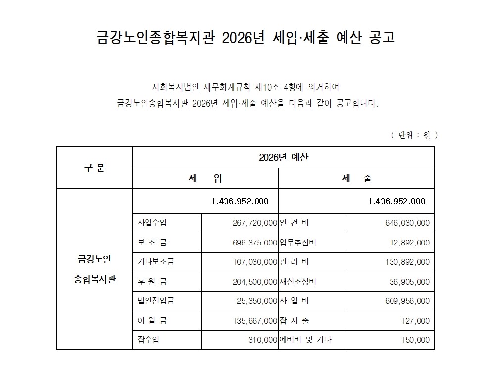 [재정보고] 2026년 금강노인종합복지관 예산서 공고 건#1